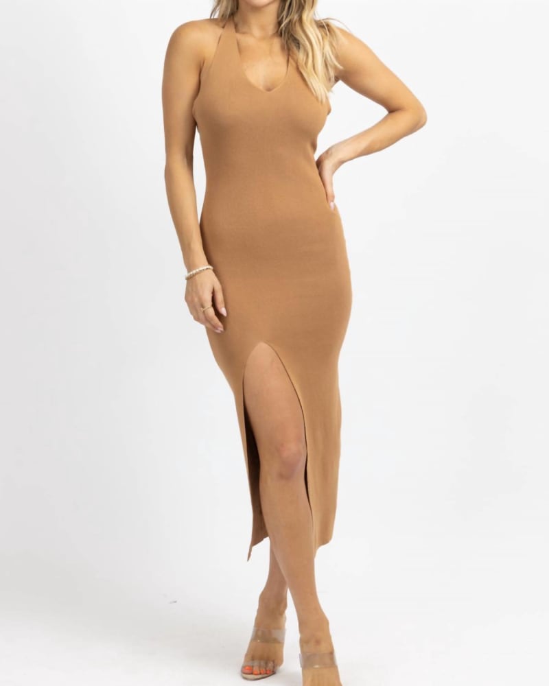 Front of a model wearing a size L Chain Crossback Midi Dress In Brown Gold in Brown Gold by LULUNICO. | dia_product_style_image_id:350844